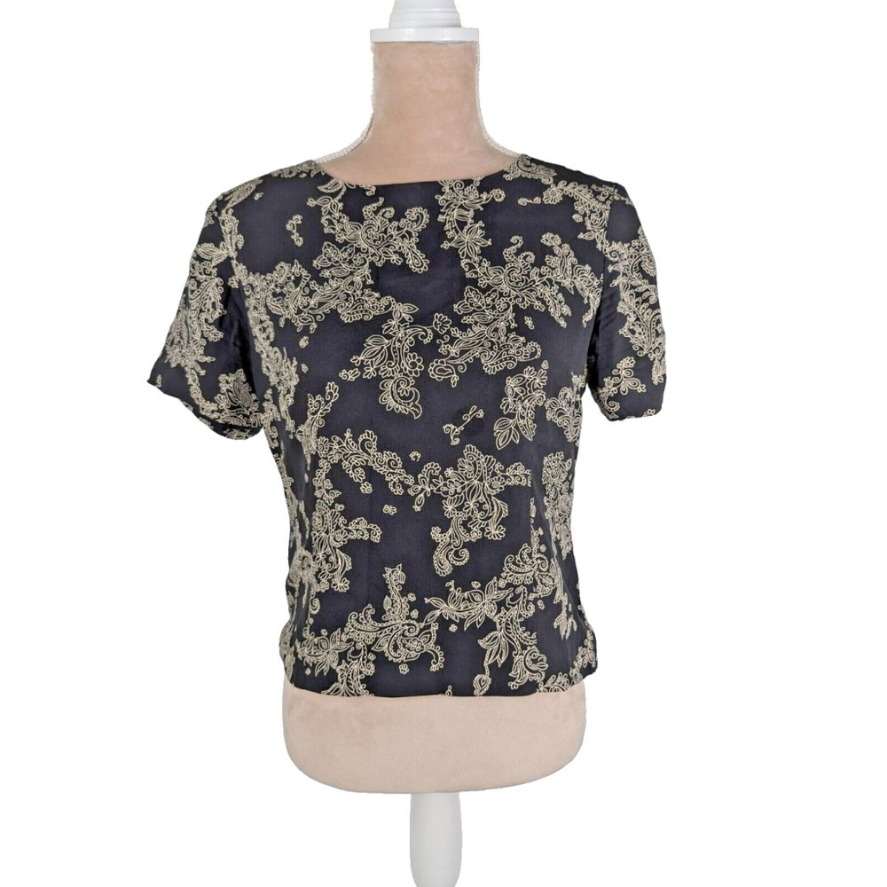 Talbots Silk Cropped Black Floral Lined Top Blouse 6P Paisley Floral 100% Silk